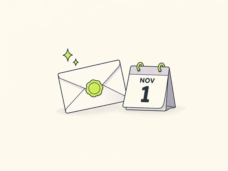 Un sobre con sello verde junto a un calendario que marca el 1 de noviembre