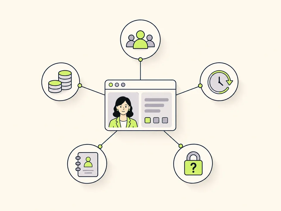 Una app en el centro conectada a clientes, dinero, historial y contactos, y un quinto icono cerrado con candado y un signo de pregunta